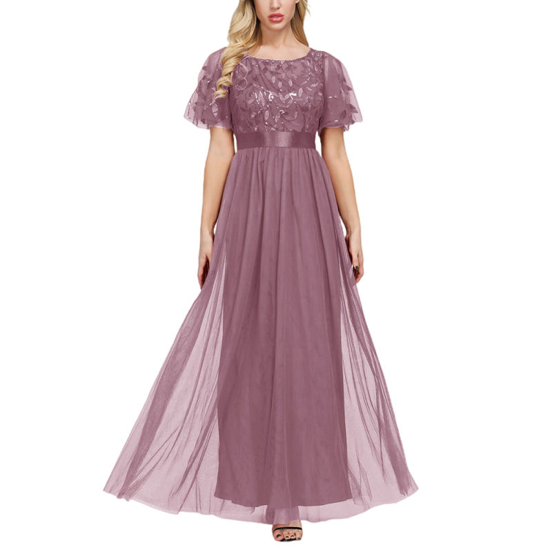 Pink Embroidery Sequined Mesh High Waist Evening Dress TQK311076-10