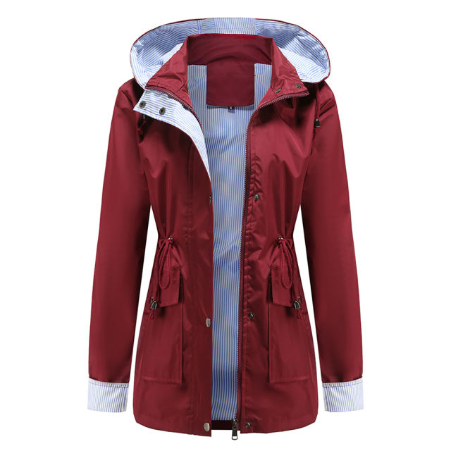 Wine Red Hooded Detachable Windproof Plus Size Windbreaker TQK280123-23