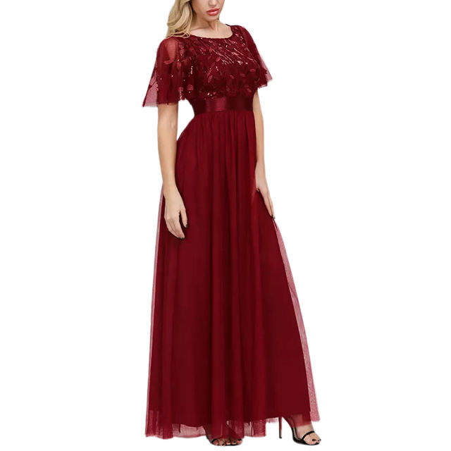 Burgundy Embroidery Sequined Mesh High Waist Evening Dress TQK311076-23