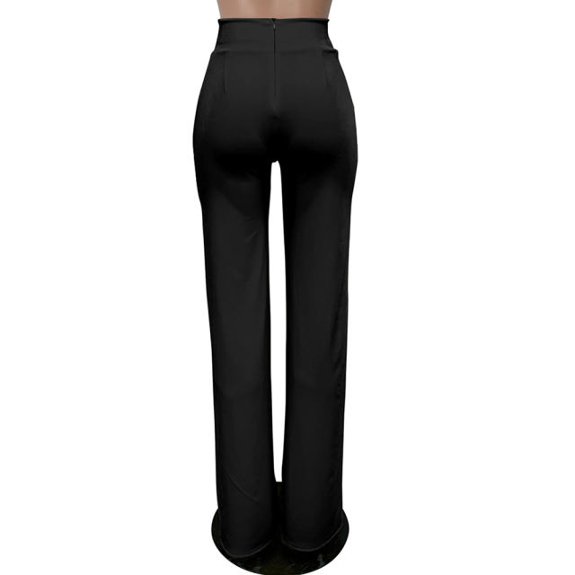 Solid Black Back Zipper Straight Leg Pants TQV510001-2