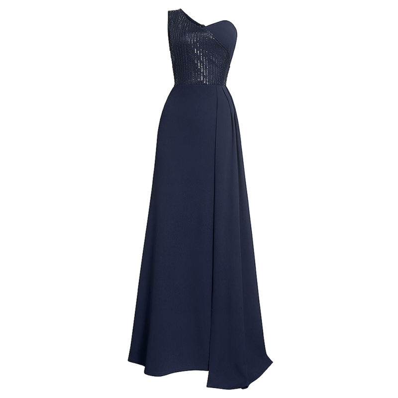 Navy Blue Splicing Sequined One-shoulder Plus Size Evening Dress TQK311030-34