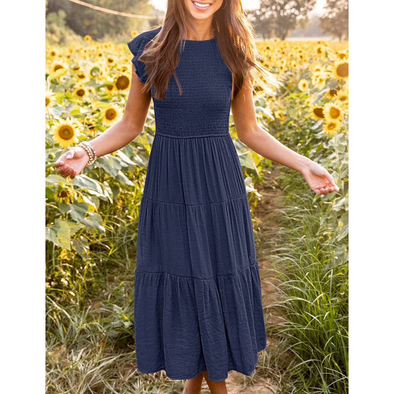 Navy Blue Ruffled Sleeve Pleated Layered Casual Dress TQV310008-34