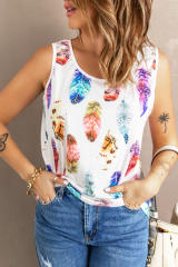 White Aztec Feather Tank Top LC256607-1