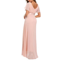 Pink V Neck High Waist Swing Bridesmaid Dress TQK311075-10