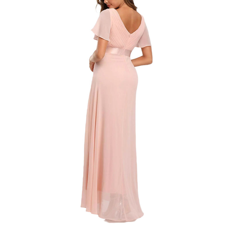 Pink V Neck High Waist Swing Bridesmaid Dress TQK311075-10