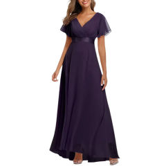Dark Purple V Neck High Waist Swing Bridesmaid Dress TQK311075-35