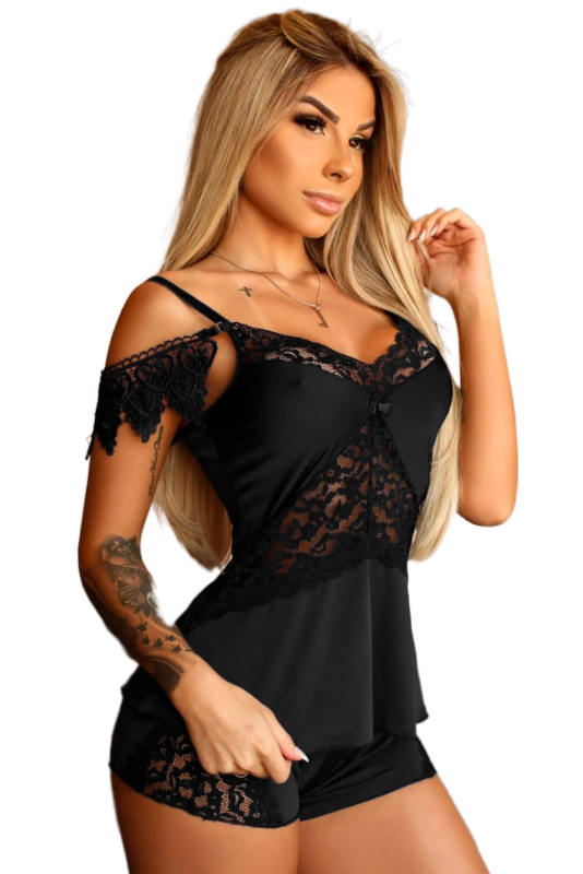 Black Lace Steal The Show Pajamas Set LC35163-2