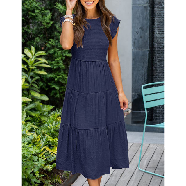 Navy Blue Ruffled Sleeve Pleated Layered Casual Dress TQV310008-34