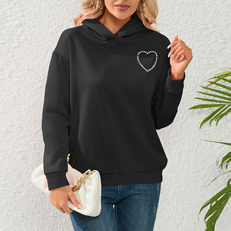 Black Heart Rhinestone Back Cut-out Pullover Hoodie