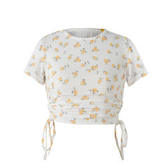 Light Yellow Sides Drawstring Short Sleeve Crop Top TQK210630-42
