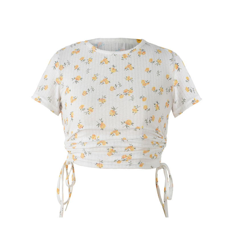 Light Yellow Sides Drawstring Short Sleeve Crop Top TQK210630-42