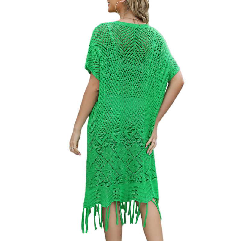 Green Knit Tasseled Oversized Beach Cover Up TQG310020-9