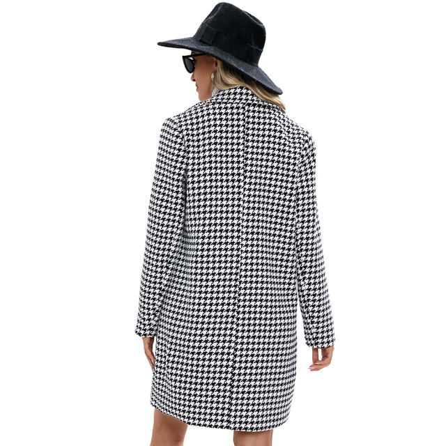 White Houndstooth Double Breasted Woolen Long Coat TQK280116-1