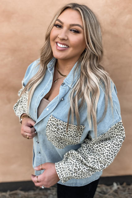 Sky Blue Plus Size Leopard Splicing Button Denim Jacket LC851133-4