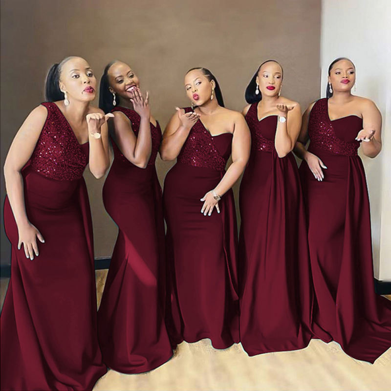 Wine Red Splicing Sequined One-shoulder Plus Size Evening Dress TQK311030-23