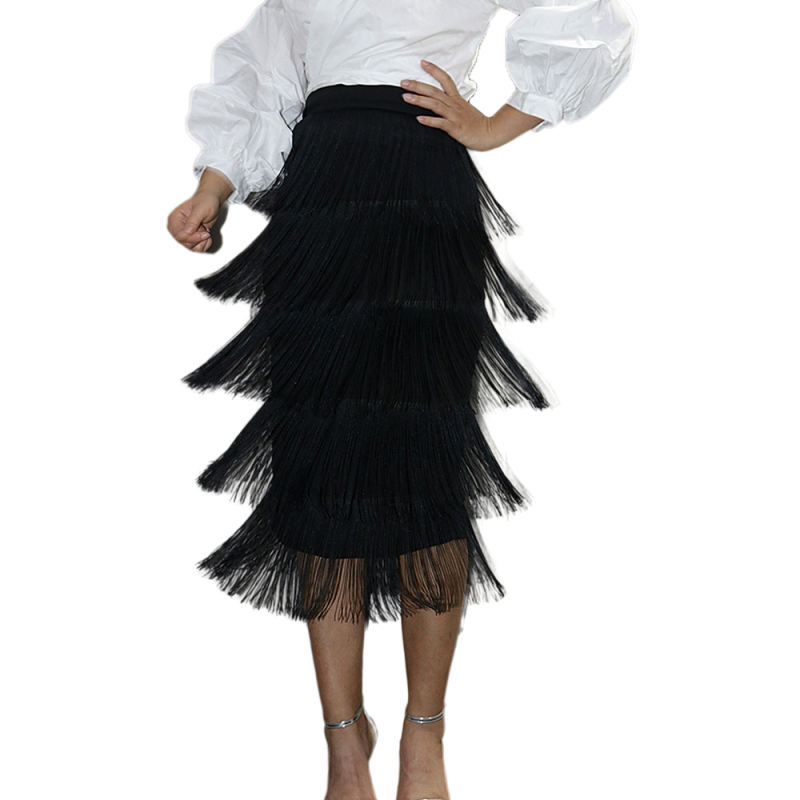 Black High Waist Slim Fit Tassel Pencil Skirt