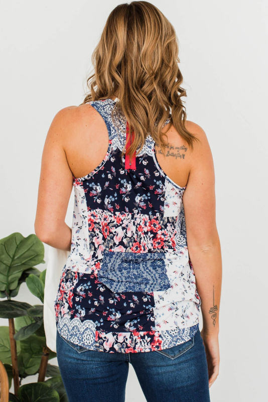 Blue Floral Racerback Tank Top LC2566044-5