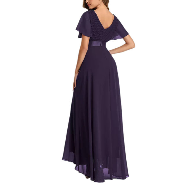 Dark Purple V Neck High Waist Swing Bridesmaid Dress TQK311075-35