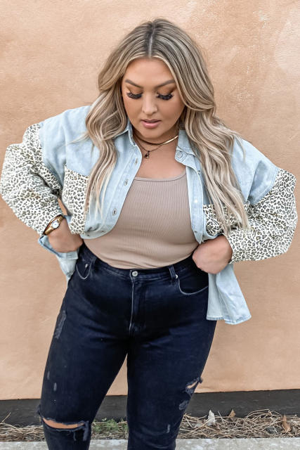 Sky Blue Plus Size Leopard Splicing Button Denim Jacket LC851133-4