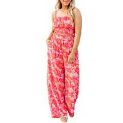 Red Leaf Print Crop Top with Wide Leg Pant Set TQG71002-3