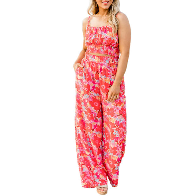 Red Leaf Print Crop Top with Wide Leg Pant Set TQG71002-3