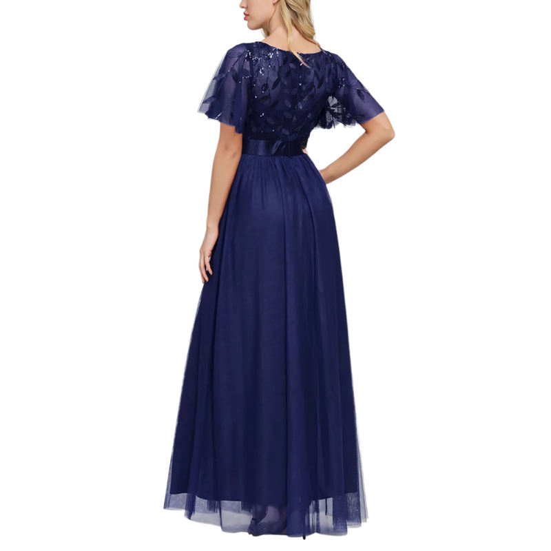 Navy Blue Embroidery Sequined Mesh High Waist Evening Dress TQK311076-34