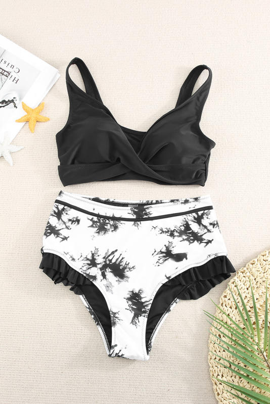 Black Sexy Solid Crisscross Top and Ruffled Tie Dye High Waisted Swimsuit LC43741-2