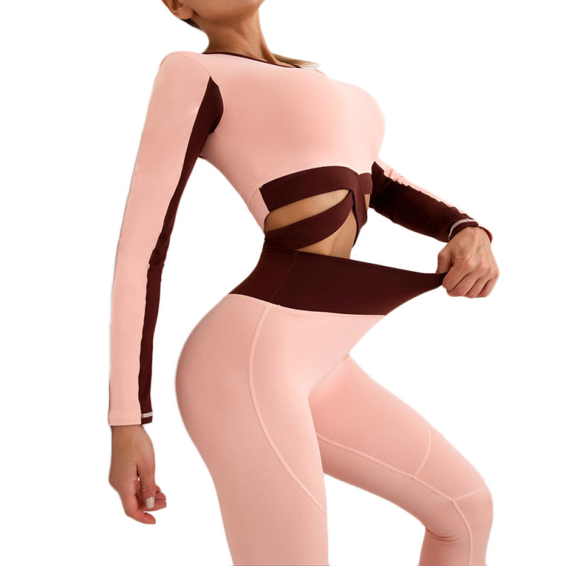 Pink Contrast Long Sleeve Yoga Set TQE990215-10