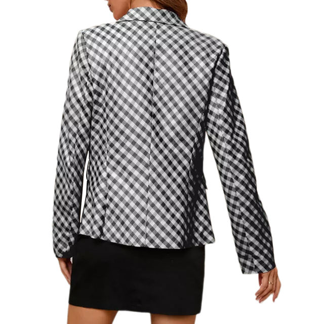 Black Double Breasted Slim Fit Plaid Print Blazer TQK260063-2