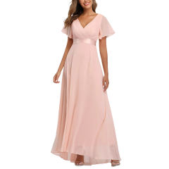 Pink V Neck High Waist Swing Bridesmaid Dress TQK311075-10