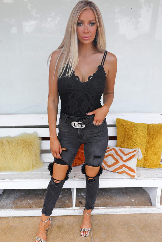 Black Scallop Lace Sleeveless Bodysuit LC6421254-2