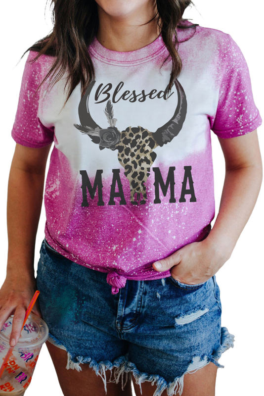 Rose Blessed MAMA Western Bull Graphic Bleached T Shirt LC25220311-6