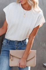White Textured Knit Short Sleeve Top LC25119034-1