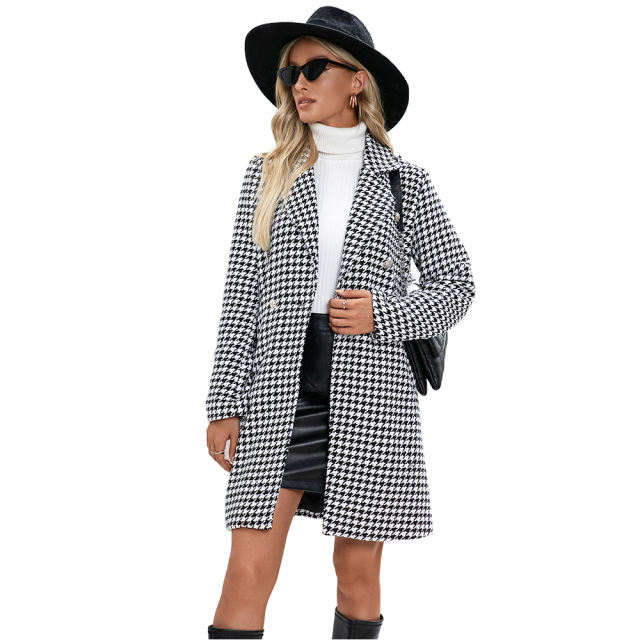 White Houndstooth Double Breasted Woolen Long Coat TQK280116-1