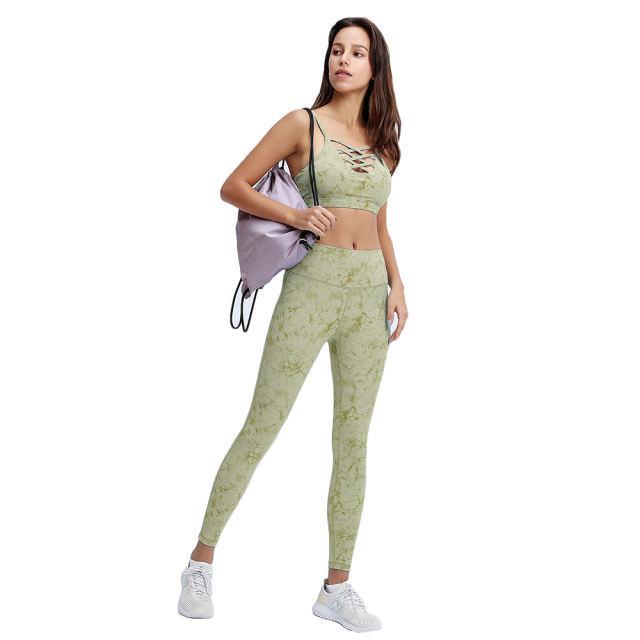 Light Green Tie Dye Print Front Criss Cross Bra with Pant Set TQK710272-28
