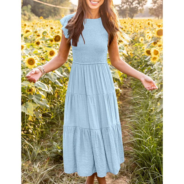 Light Blue Ruffled Sleeve Pleated Layered Casual Dress TQV310008-30