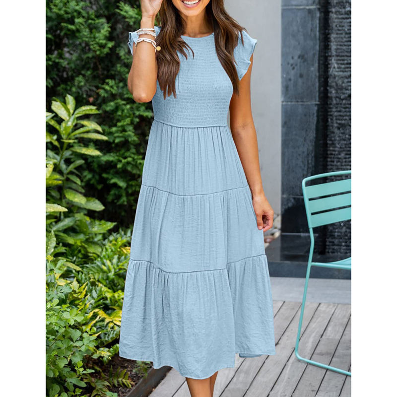 Light Blue Ruffled Sleeve Pleated Layered Casual Dress TQV310008-30