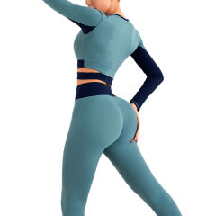 Blue Contrast Long Sleeve Yoga Set TQE990215-5