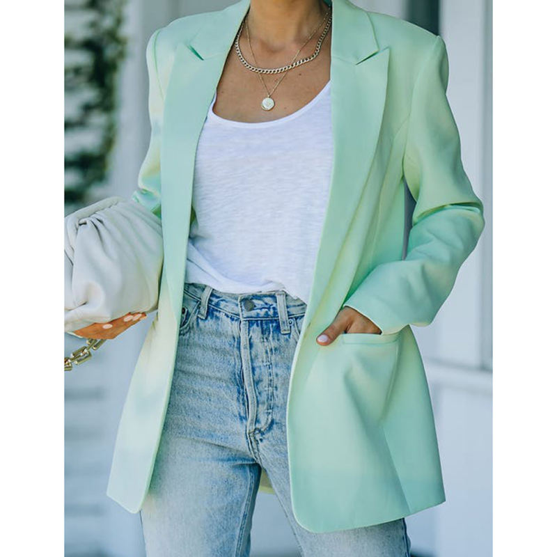 Light Green Candy Button Lapel Collar Long Sleeve Blazer TQK260052-28