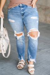 Sky Blue Distressed Holes Frayed Hem Plus Size Jeans PL787003-4