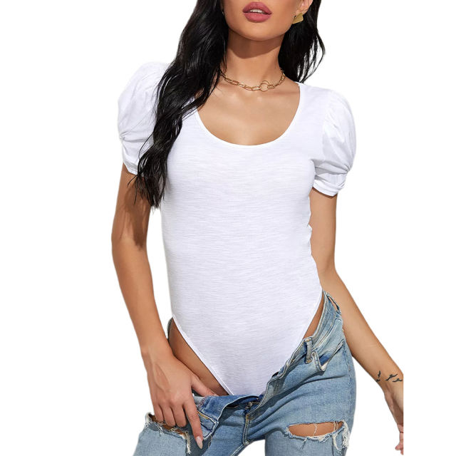 White U Neck Short Sleeve Bodysuit TQX551123-1