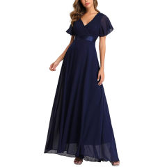 Navy Blue V Neck High Waist Swing Bridesmaid Dress TQK311075-34