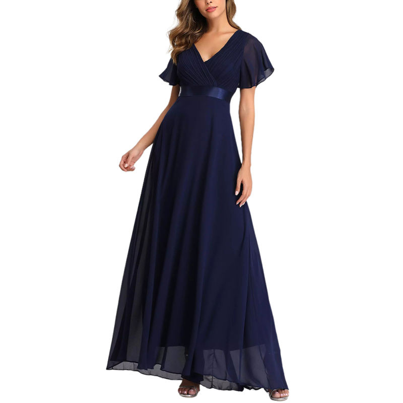 Navy Blue V Neck High Waist Swing Bridesmaid Dress TQK311075-34