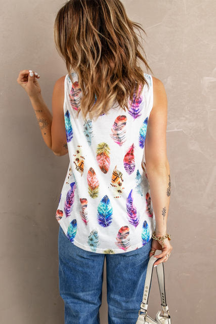 White Aztec Feather Tank Top LC256607-1
