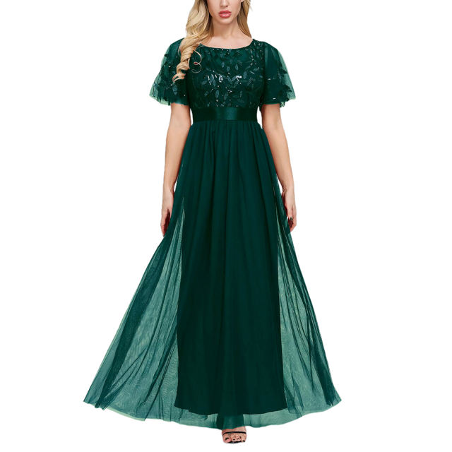 Dark Green Embroidery Sequined Mesh High Waist Evening Dress TQK311076-36
