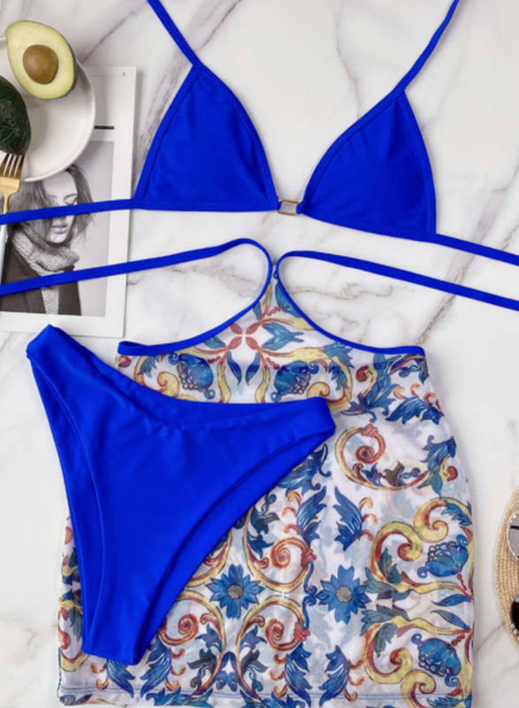 3pcs Self-tie Bikini Set with Floral Print Sarong LC412480-5