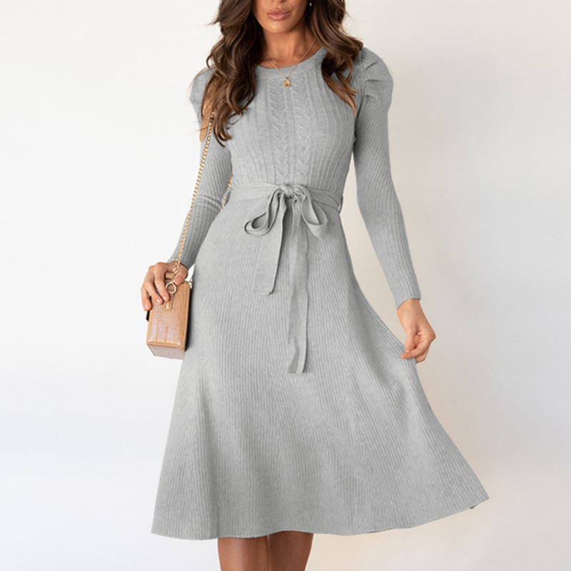 Grey Knitted Tie Waist Puff Sleeve Sweater Dress