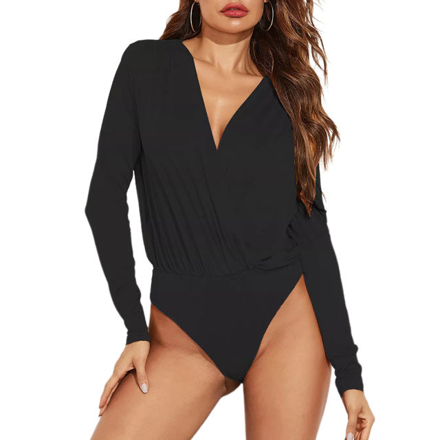 Black V Neck Long Sleeve Bodysuit TQX551122-2