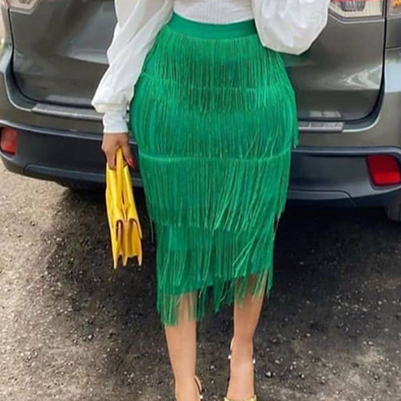 Green High Waist Slim Fit Tassel Pencil Skirt