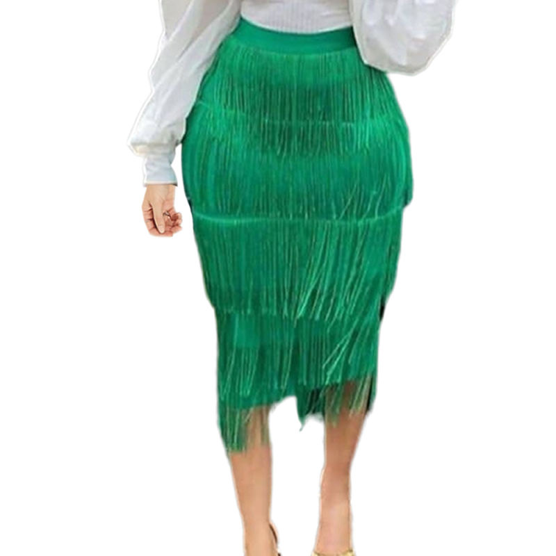 Green High Waist Slim Fit Tassel Pencil Skirt